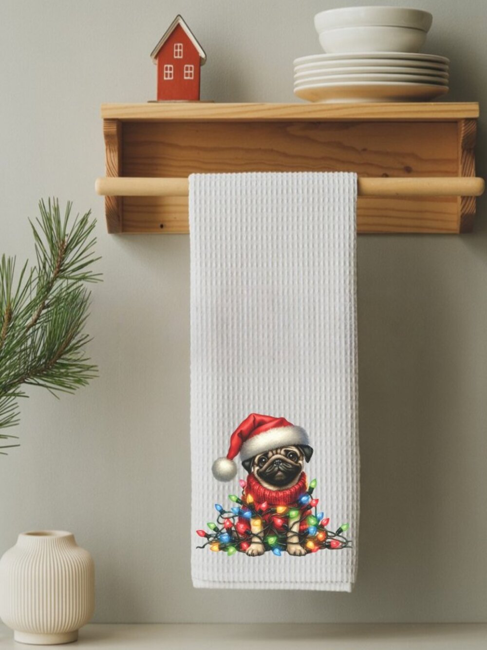 Pug Christmas Lights Decorative Kitchen Tea Towel